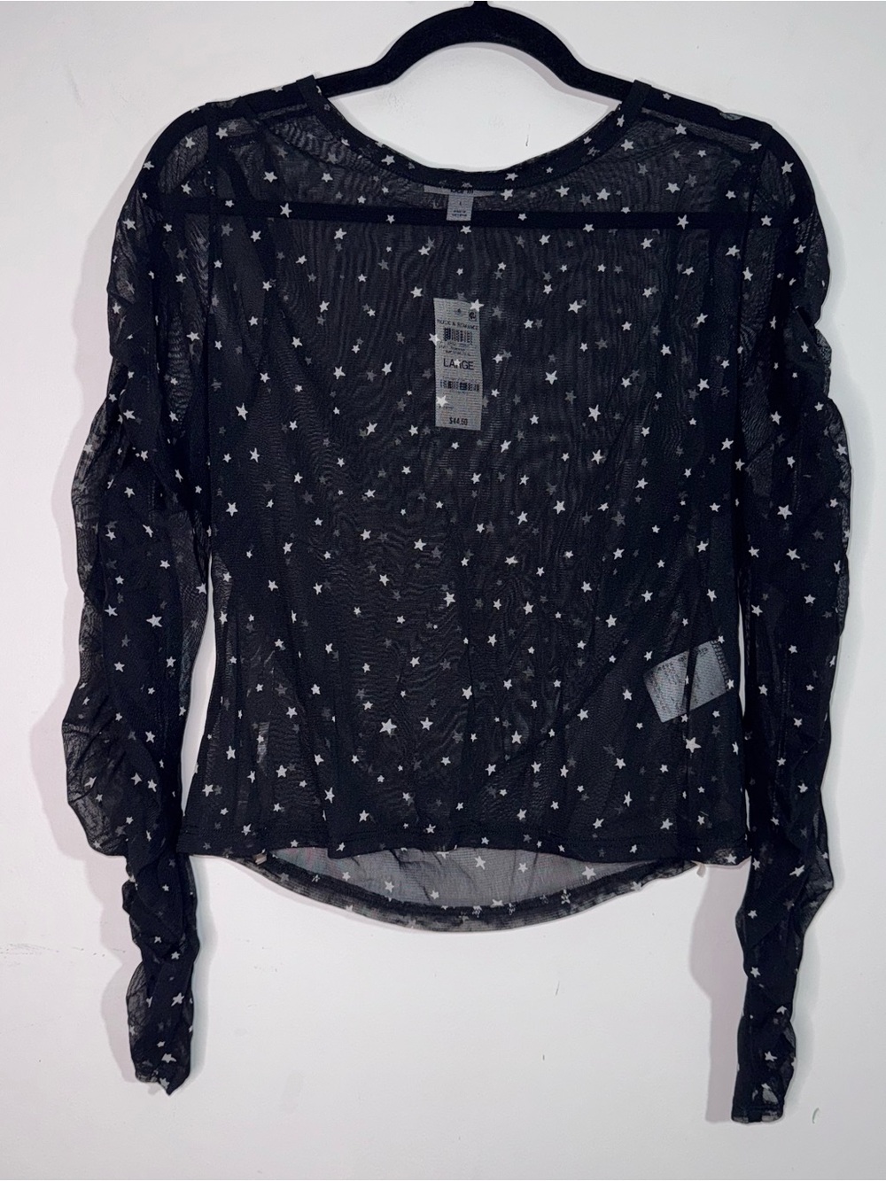 Bar III Women’s Large Black Sheer Mesh Star Print Ruched Sleeve Top NWT